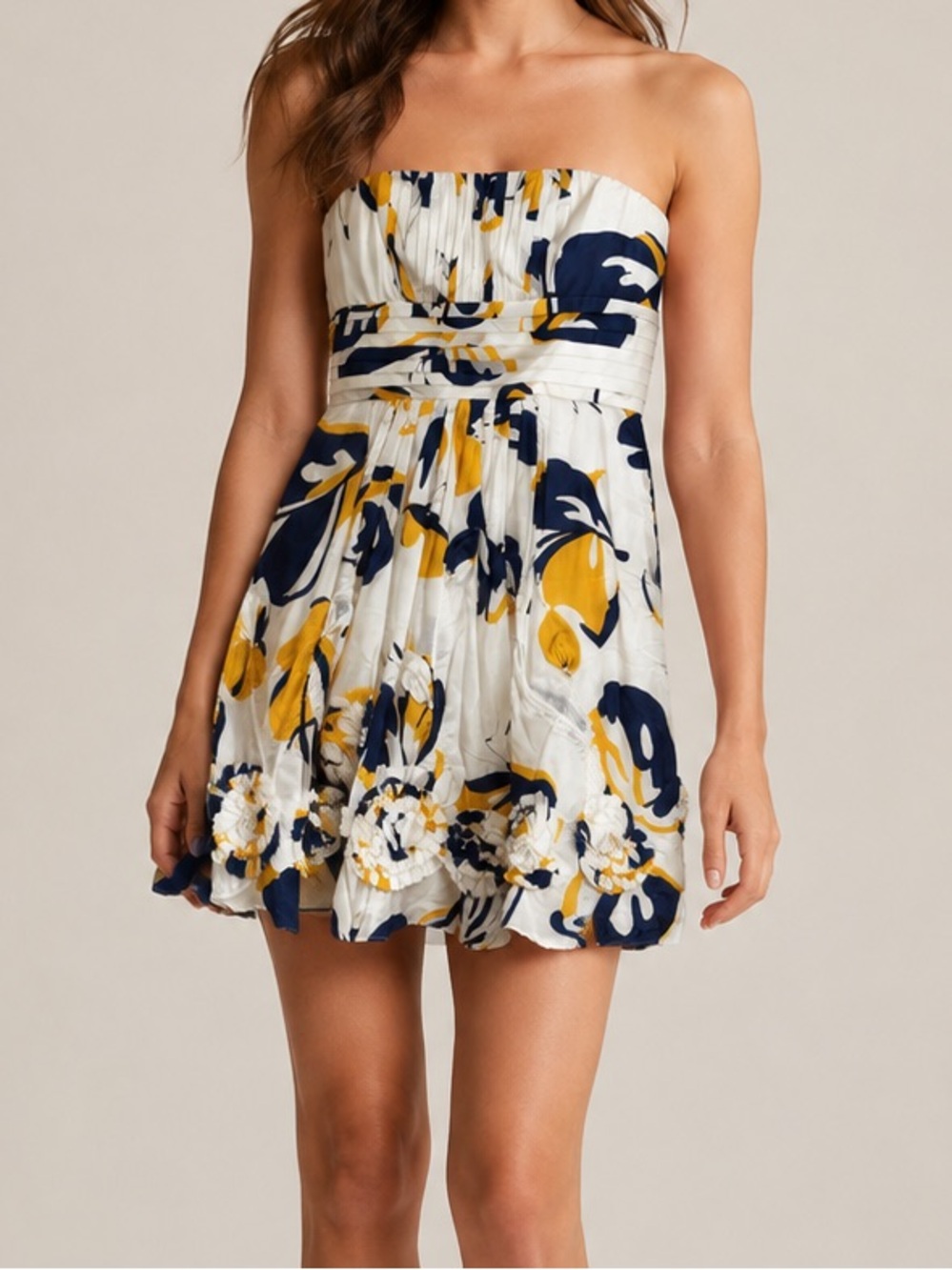 BCBG MaxAzria navy yellow white Silk Floral Strapless Mini Dress Rosette Size 2